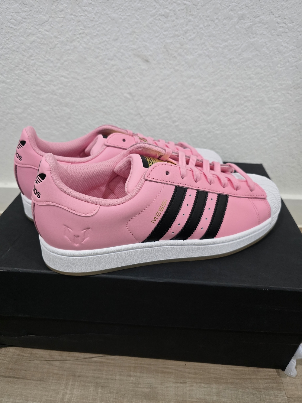Adidas Messi Women's Pink Superstar Sneakers with Black Stripes - Picture 2 of 8